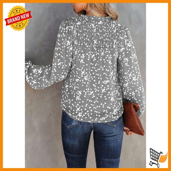 Long Sleeve Chiffon Blouse V Neck Smocked Back Bohemian Top - Picture 6 of 8